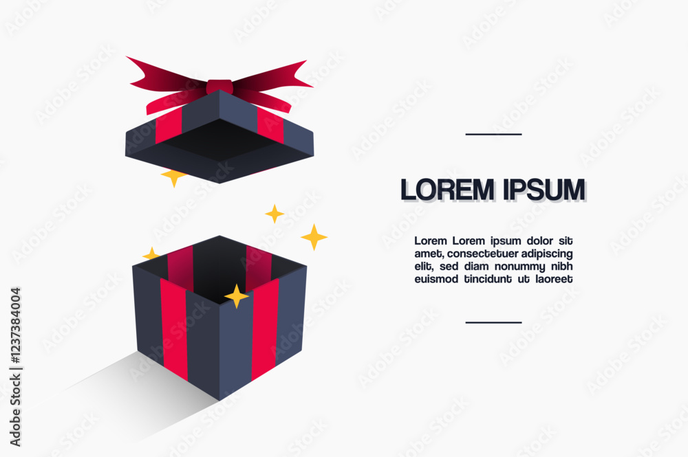 Poster clean vector design of an open 3d gift with sparkles and space for text