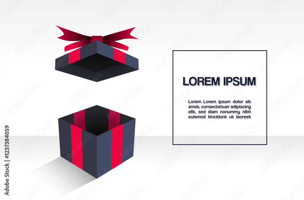 Aufkleber vector design of a dark gift box with empty inside and red ribbons, with space for text.
