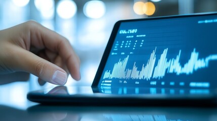 Business professional analyzes financial charts on a digital tablet, datadriven insights for strategic decisionmaking