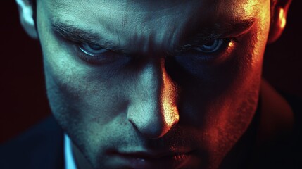 Close-up of a man with dark, piercing eyes