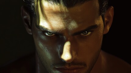 Close-up of a man with dark, piercing eyes