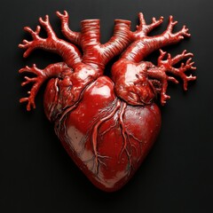 A stylized heart sculpture with branching arteries, vividly colored in red, against a dark background, symbolizing life and emotion.