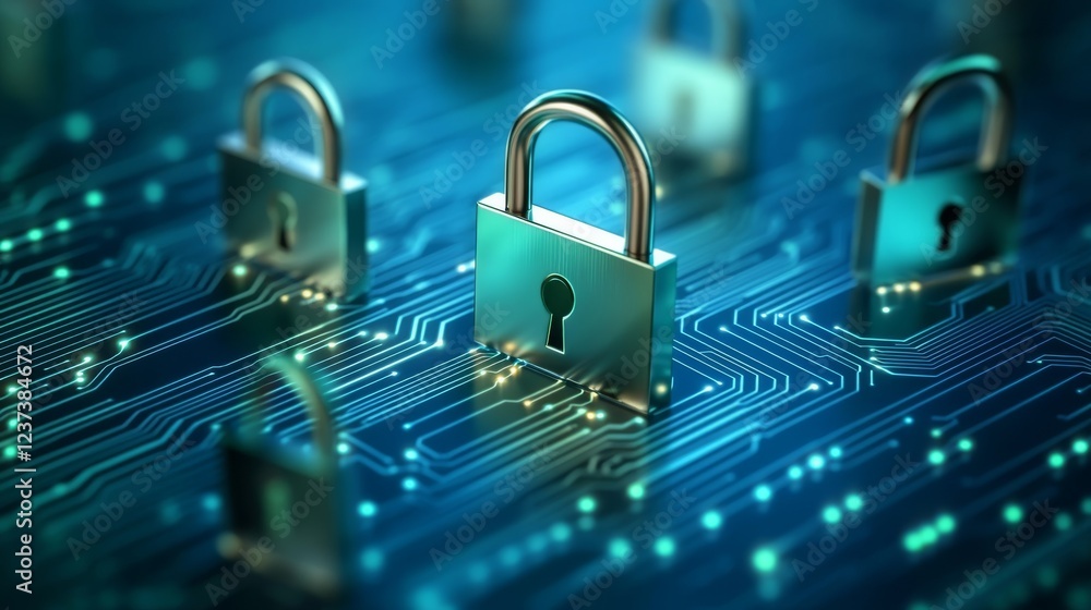 Poster cybersecurity and data protection, padlock locked on circuit board symbolizing digital security