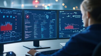 Boosting productivity, man at desk with dual monitors for enhanced workflow and efficiency in modern workspace