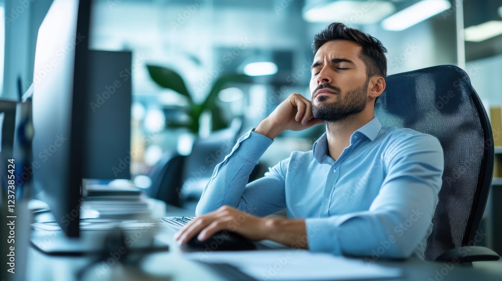 Poster a focused man sits at a desk, contemplating thoughtfully while working on a computer in a modern off