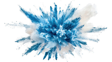 Blue and white powder explosion creating a colorful cloud on transparent background