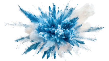 Blue and white powder explosion creating a colorful cloud on transparent background