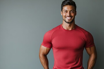Fototapeta premium Smiling young caucasian male in red t-shirt against gray background