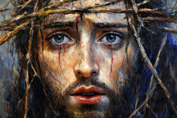 Emotional portrait of Jesus Christ wearing a crown of thorns with realistic painted details symbolizing sacrifice faith and divine suffering