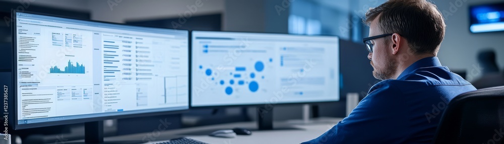 Poster focused man working on computer at desk, a detailed view of modern office workflow