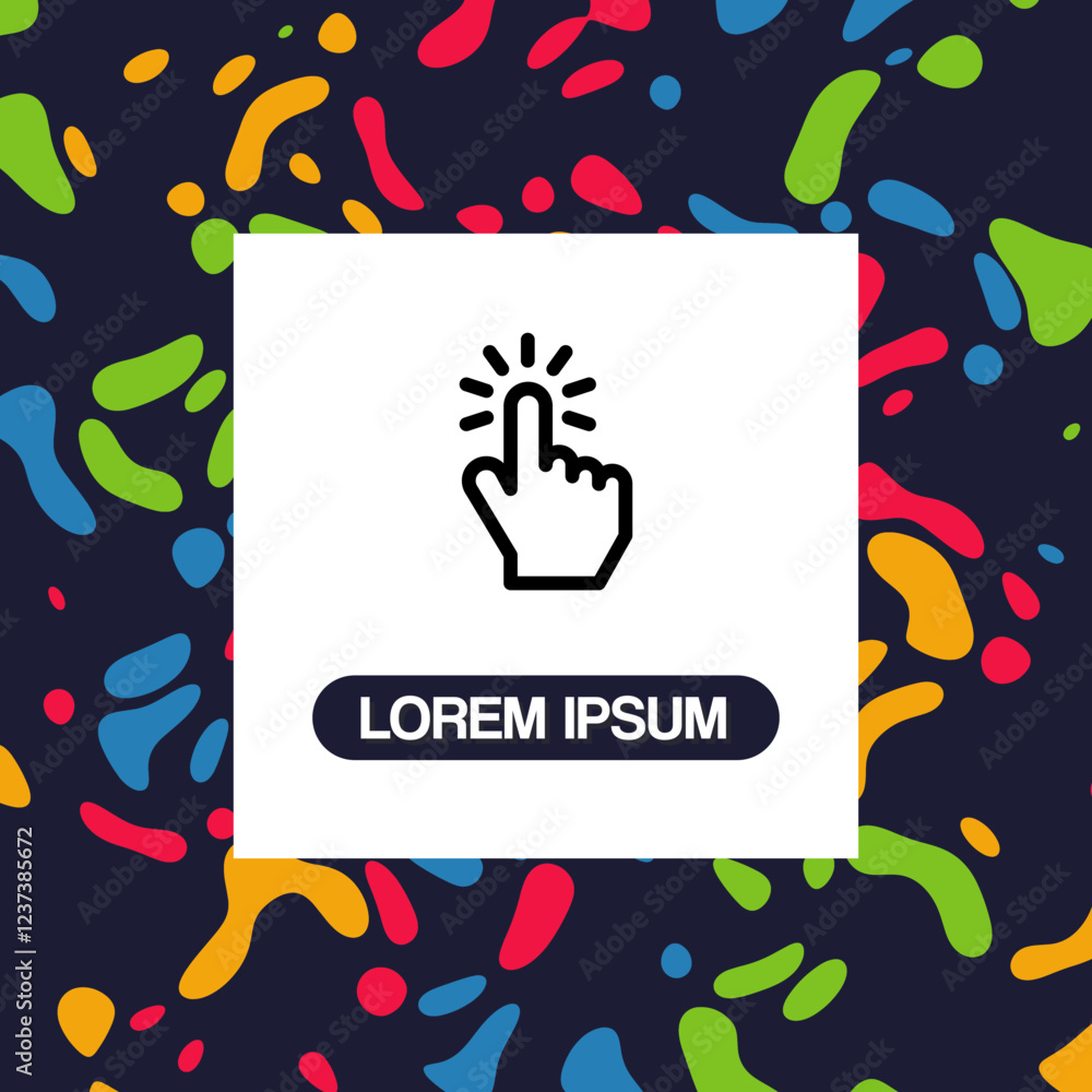 Poster vector design of window with hand cursor icon on dark background with colorful organic shapes