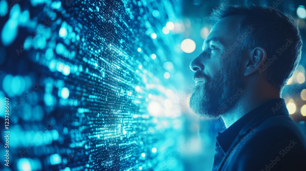 Poster man exploring data visualization on a wall, business analytics and future technology trends