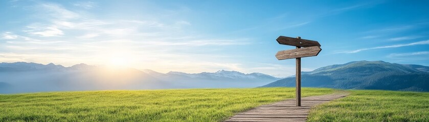 Fototapeta premium Wooden sign overlooking majestic mountain range in picturesque valley with lush green hills