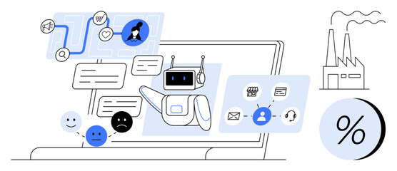 AI robot headset responding to emoticons, chat bubbles on laptop, icons for user profile, tasks, communication tools, factory background, percentage sign. Ideal for customer service, AI technology