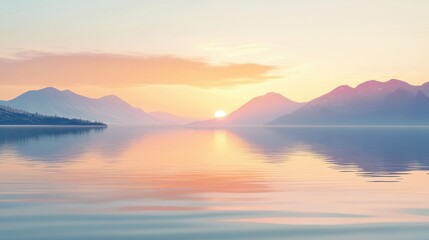 Illustration of a quiet lakeside at dawn, soft pastel colors