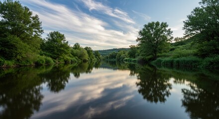 Serene River Reflection: A Picturesque Landscape at Dusk