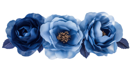 Three large fabric blue roses forming a garland on transparent background