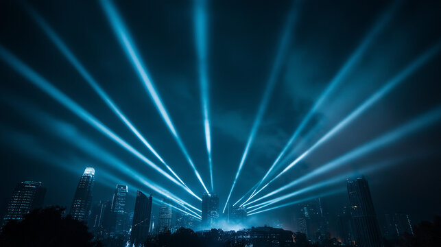 Wide-angle view of multiple spotlights scanning the sky, intense rays intersecting against the dark urban skyline
