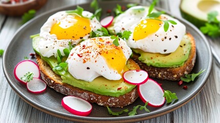 Poached eggs avocado toast breakfast, healthy food, table setting