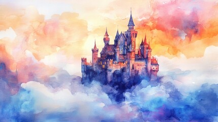 Fototapeta premium Watercolor painting of a magical castle floating on pastel clouds,