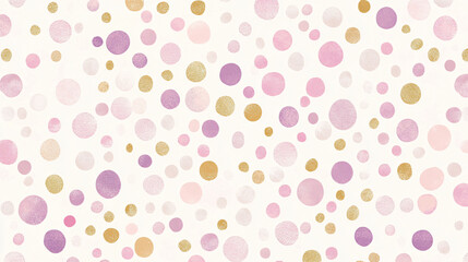 Minimalist watercolor polka dot pattern in soft pastel pink purple and gold on a white background creating a delicate and artistic look  
