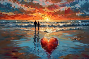 Couple walking hand in hand on a beach at sunset with a heart-shaped reflection in the water