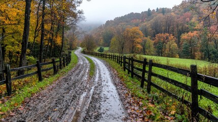 Obraz premium Muddy dirt road winds through a colorful autumn forest and green pastures on a misty, overcast day.