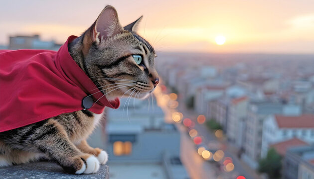  A tabby cat wearing a red superhero cape sits on a rooftop, overlooking a cityscape during a beautiful sunset.