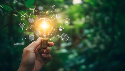 Bright lightbulb illuminates green nature showcasing sustainable energy ideas