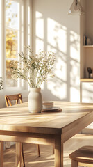 Wooden Dining Table with Wildflowers and Plates in Sunlit Room