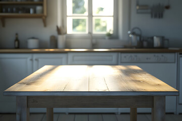 Fototapeta premium Wooden Table in Sunlit Kitchen Setting