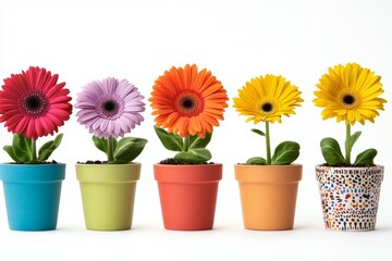Row of five potted flowers in different colors