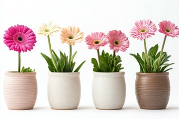 Four vases of different colors and sizes, each containing a pink