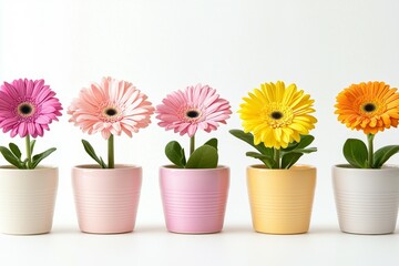 Row of five flower pots, each with a different color