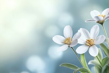 Fototapeta premium Close up of three white flowers with a blue background