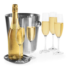 Champagne and bucket with ice isolated on white