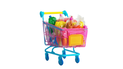Colorful miniature shopping cart filled with groceries on transparent background