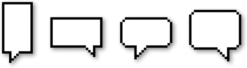 Vector design of minimalist pixelated text bubbles in black frame and white background