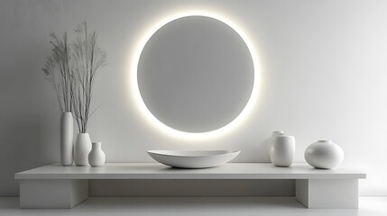 Minimalist Modern Bathroom Vanity Decor Featuring White Vessels