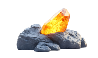 Glowing orange crystal nestled in grey rocks; fantasy setting, game asset