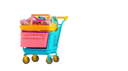 Colorful shopping cart full of groceries on transparent background