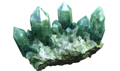 Green quartz crystals cluster on rock, nature background, geology