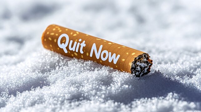 Cigarette in snow; quit smoking campaign; winter background; public health