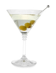 Martini cocktail with olives in glass isolated on white