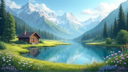 Fototapeta premium A peaceful mountain scene with a tranquil lake reflecting the snowy peaks, surrounded by lush green trees and a cozy cabin by the water, creating a serene nature escape. Generative, AI,