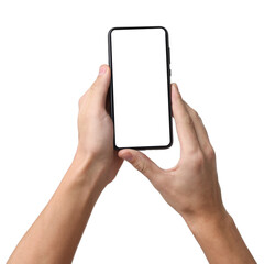 Man with modern smartphone on white background, closeup