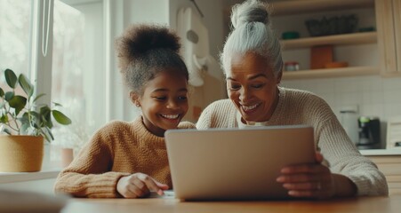 Heartwarming image of a grandmother and granddaughter sharing a moment of laughter while using a tablet in a cozy kitchen