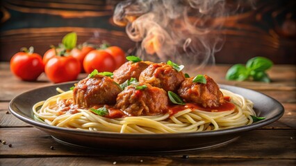Fototapeta premium Steaming hot pasta dish on a plate with tender meatballs in a rich marinara sauce