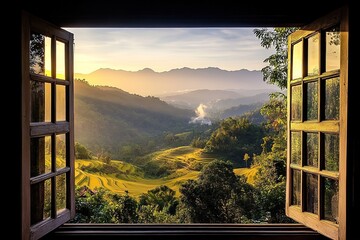 Stunning landscape view from a window overlooking lush rice terraces in Chiangmai, Thailand, with open space for text placement.
