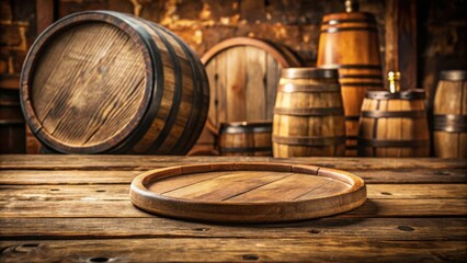 Fototapeta premium Wooden coaster with a perfectly rounded edge placed on a rustic wooden table, surrounded by wooden beams and vintage wooden barrels